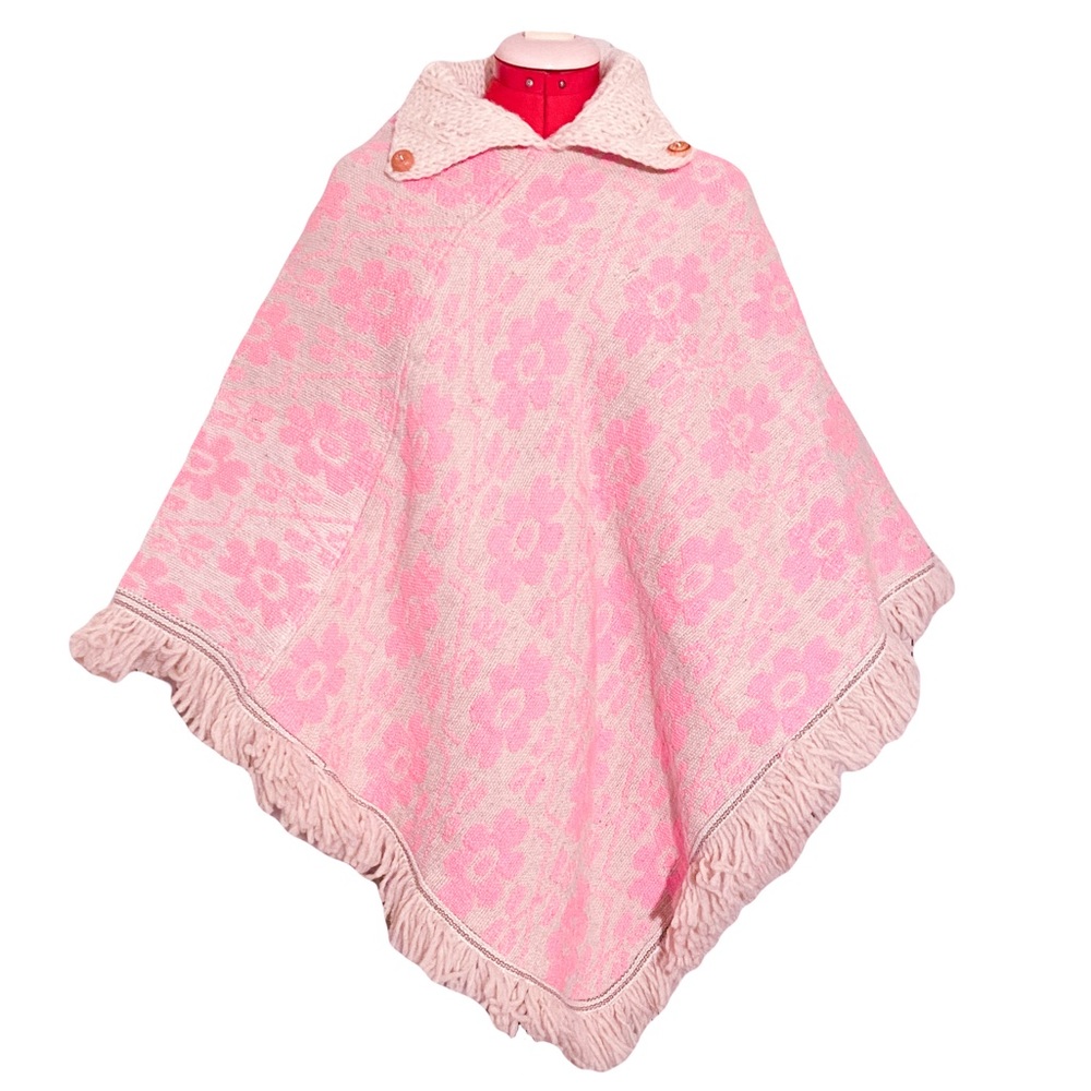 Wool Handmade Poncho Pink Floral Flowers Knit Crochet